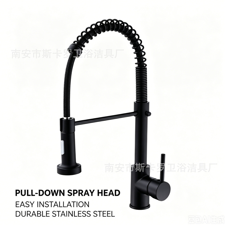 Cross-Border Black Stainless Steel Kitchen Faucet with Pull-Out Spray Head, Single-Hole Spring-Type Hot and Cold Dual-Use Faucet Factory Cross-Border Black Stainless Steel Kitchen Faucet with Pull-Out Spray Head, Single-Hole Spring-Type Hot and Cold Dual-Use Faucet Factory