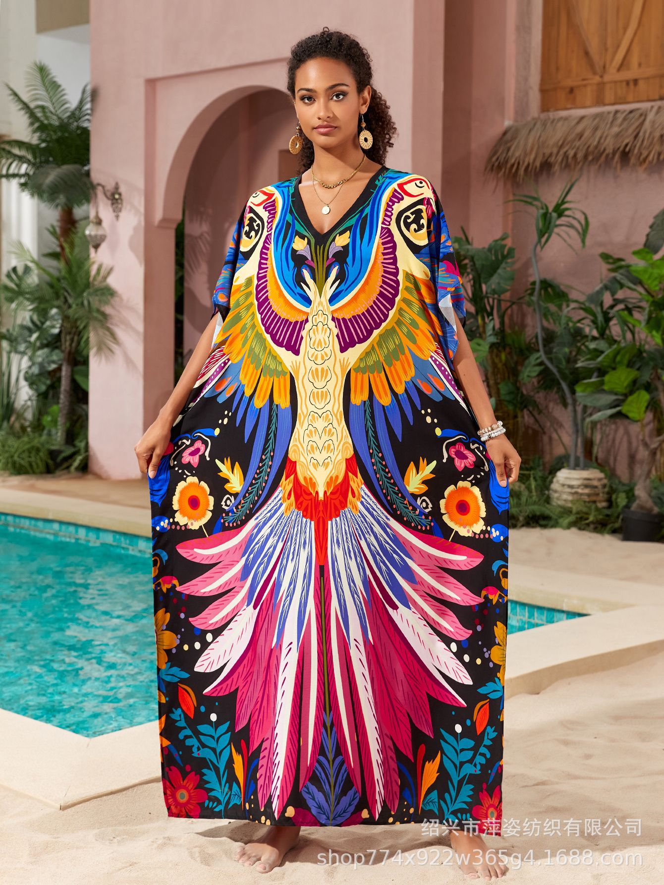 Camiseta de playa de algodón impresa de posicionamiento bohemio falda larga camisa de vacaciones protector solar bañador con pañuelo AT556