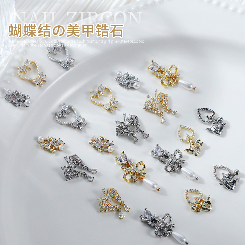 Lz nail jewelry bow zircon super flash diamond girl pink three-dimensional pearl chain skeleton rabbit nail decoration