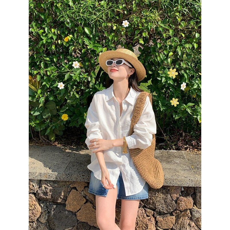 Jin Suyi White 100% Linen Shirt 2026 Summer Korean Style Loose Long-Sleeve Sun Protection Shirt Chic Trendy Top Jin Suyi White 100% Linen Shirt 2026 Summer Korean Style Loose Long-Sleeve Sun Protection Shirt Chic Trendy Top