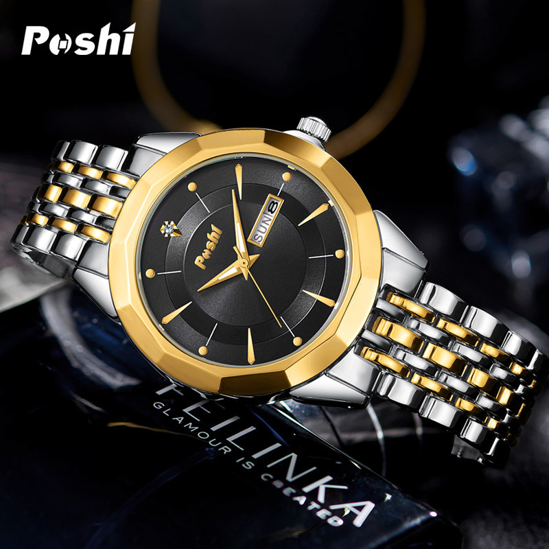 POSHI reloj de cuarzo de moda reloj de hombre doble calendario impermeable reloj de hombre casual de negocios correa de acero reloj de hombre