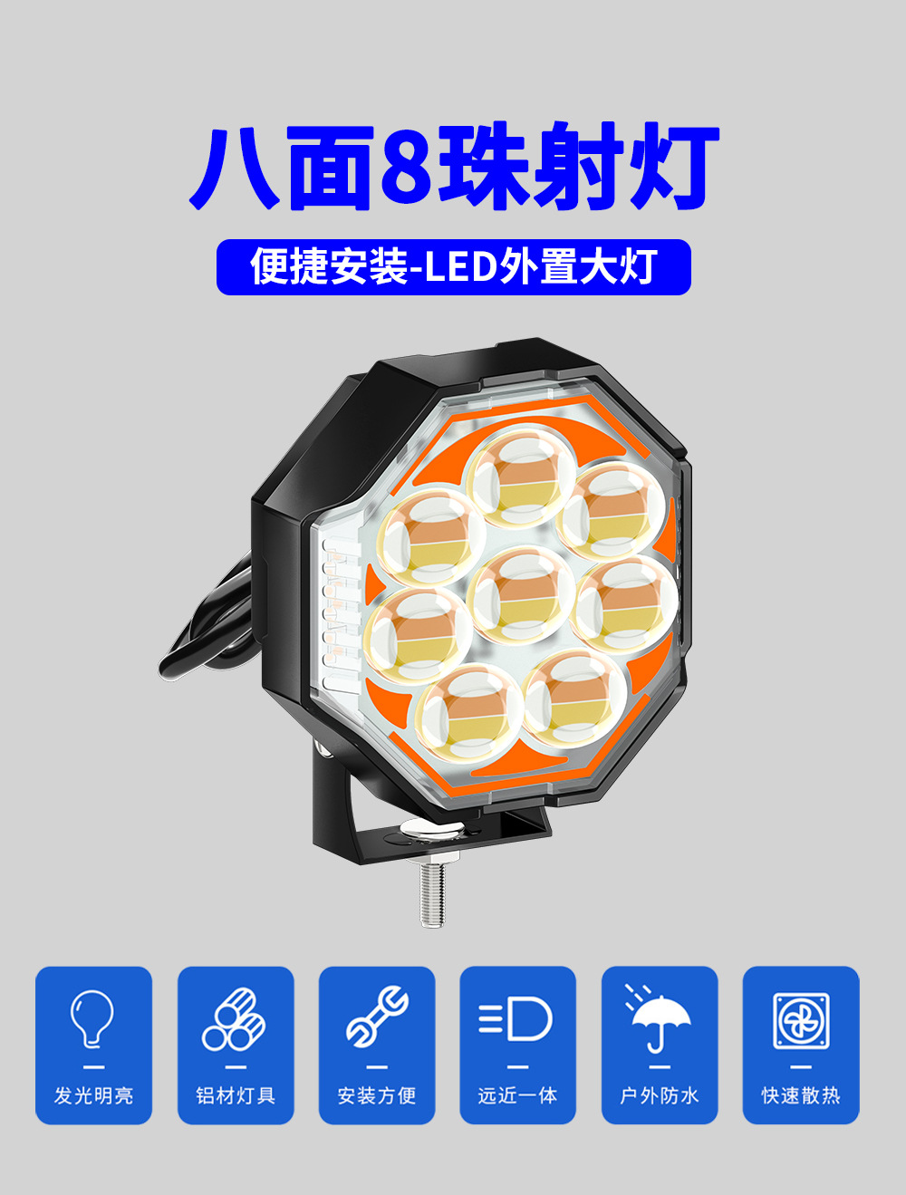 Cross-border bestseller: Motorcycle LED headlight modification, off-road vehicle work light, spotlight, electric vehicle front warning light