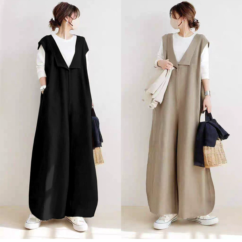 Японский большой размер свободного повседневного хлопка и льна дизайн ощущает комбинезон с отворотами без рукавов широкие брюки для внешней торговли