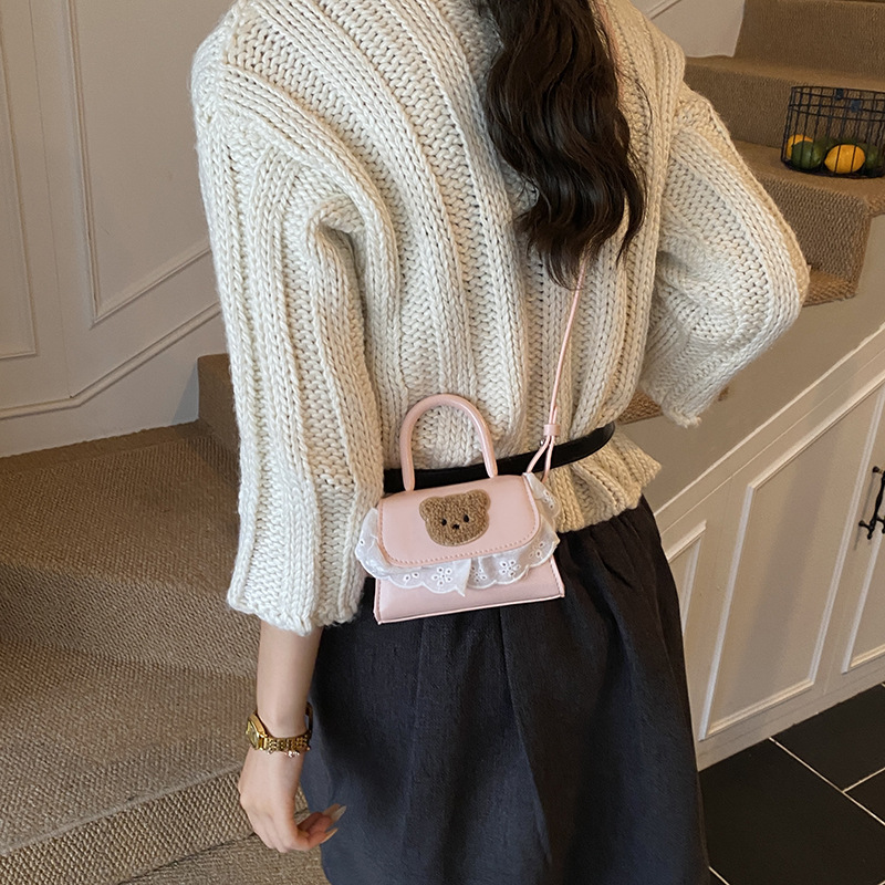 Bonito oso de peluche, bolso de hombro para niños y niñas, bolso de encaje dulce, mini bolso de accesorios para niños