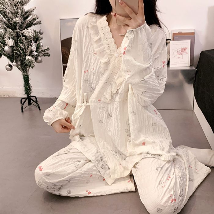 新款日式和服系带孕妇睡衣皱布提花长袖开衫月子服产后哺乳家居服