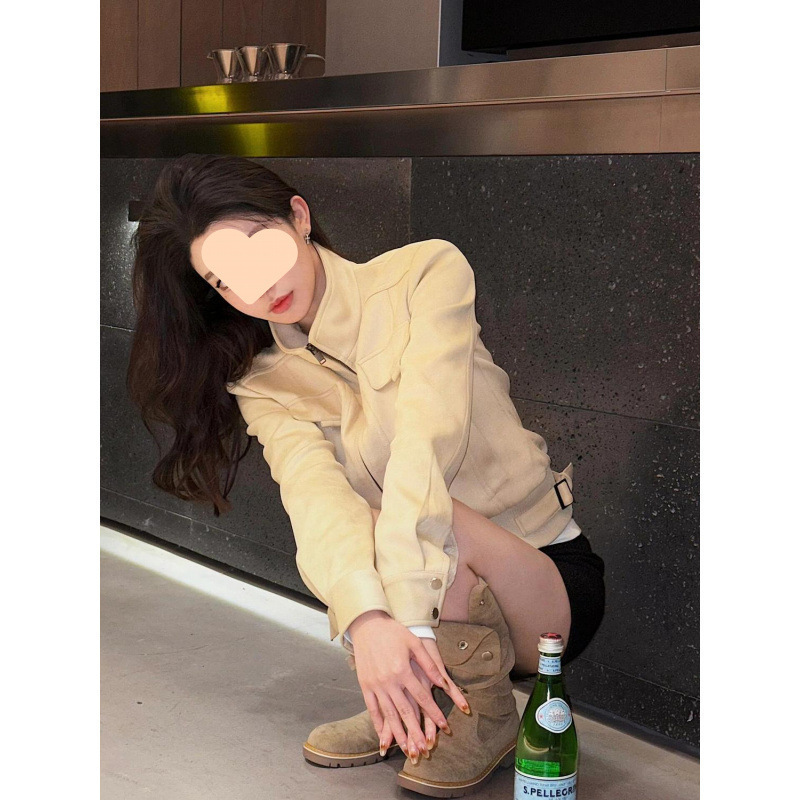 甜酷风辣妹杏色麂皮绒短外套女春秋季高级感美式复古宽松立领夹克|undefined