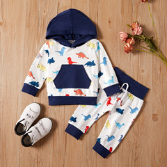 2023 Cartoon Dinosaur Full Print Hooded Pouch Pants Set for Boys Long Sleeve Top with Rope Tied at the Waist Striped Pants Autumn Set