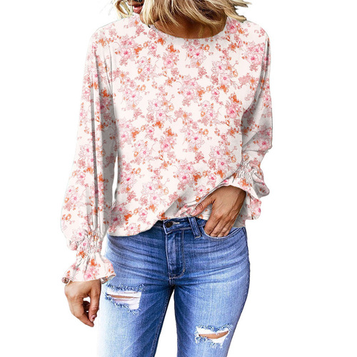 2025 Autumn Women's European and American Fashion Amazon Foreign Trade Cross-border New Floral Round Neck Blouse Women Lantern Sleeve Top