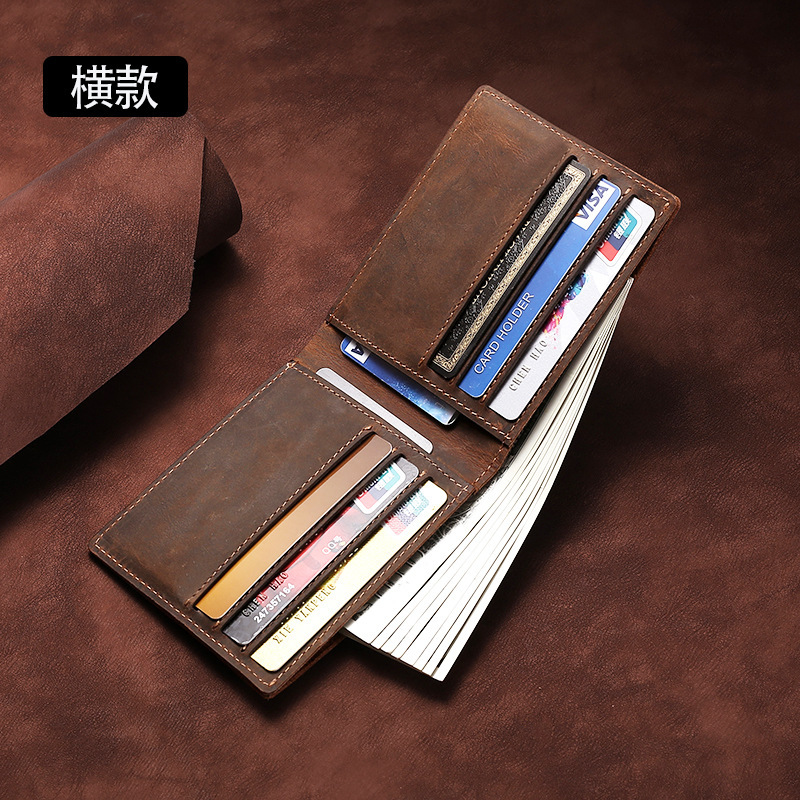 Cross-border supply of crazy horse leather men's short wallet retro leather multi-functional long wallet card bag factory hot sale Cross-border supply of crazy horse leather men's short wallet retro leather multi-functional long wallet card bag factory hot sale