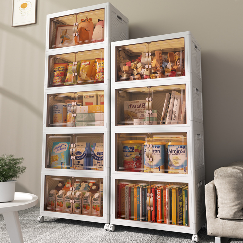 Multi-layer folding storage cabinet transparent plastic with pulleys clothing snack storage cabinet dust-proof toy storage box