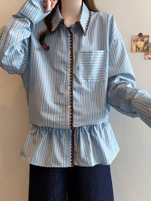 2025新款设计感撞色条纹长袖衬衫女装秋季小众休闲宽松POLO领上衣|undefined