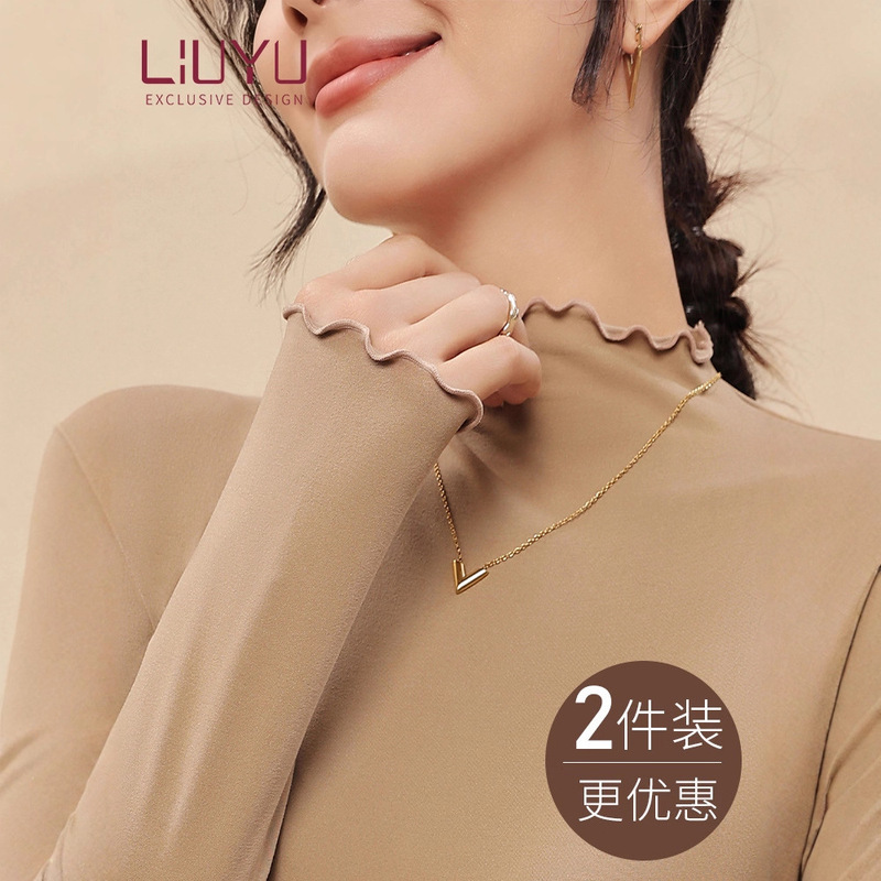 Ruffled Half-High Collar Base Shirt for Women, New Autumn and Winter Milk Silk Slim Long-Sleeve Top, Warm and Suitable for Outerwear