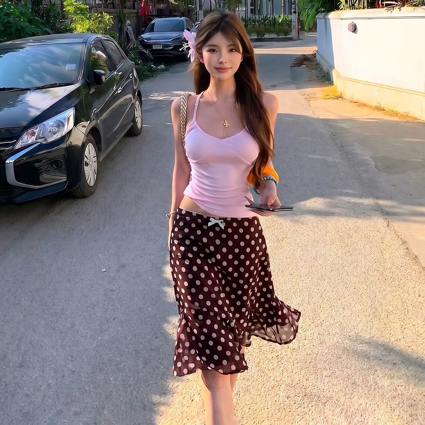 2026 Summer European and American Cross-Border Fashion Casual Versatile Slim-Fit Polka Dot Top and Skirt Set for Women