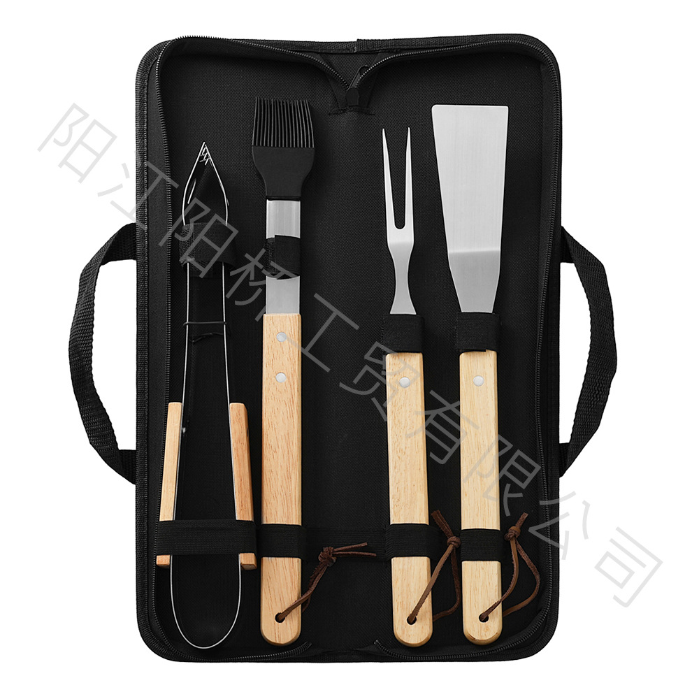 Fábrica de acero inoxidable en stock BBQ camping mango horquilla bolsa de cascada combinación de herramientas de barbacoa al aire libre
