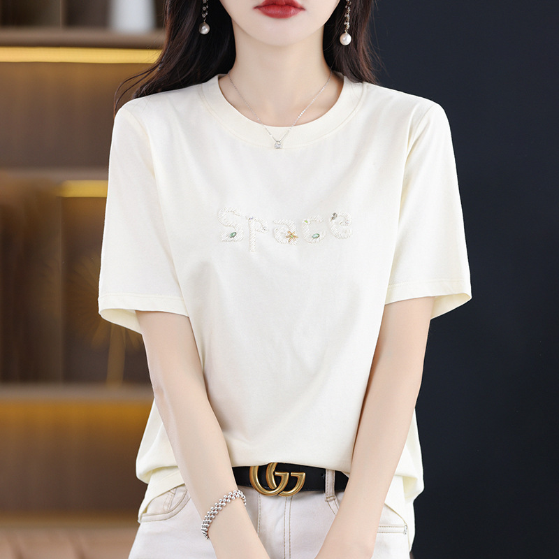 Pure Cotton T-Shirt for Women Stereo Embroider Mercerized Cotton Right Shoulder Short-Sleeved Women's T-Shirt Round Neck Short-Sleeved Top Women's Summer High-End T-Shirt