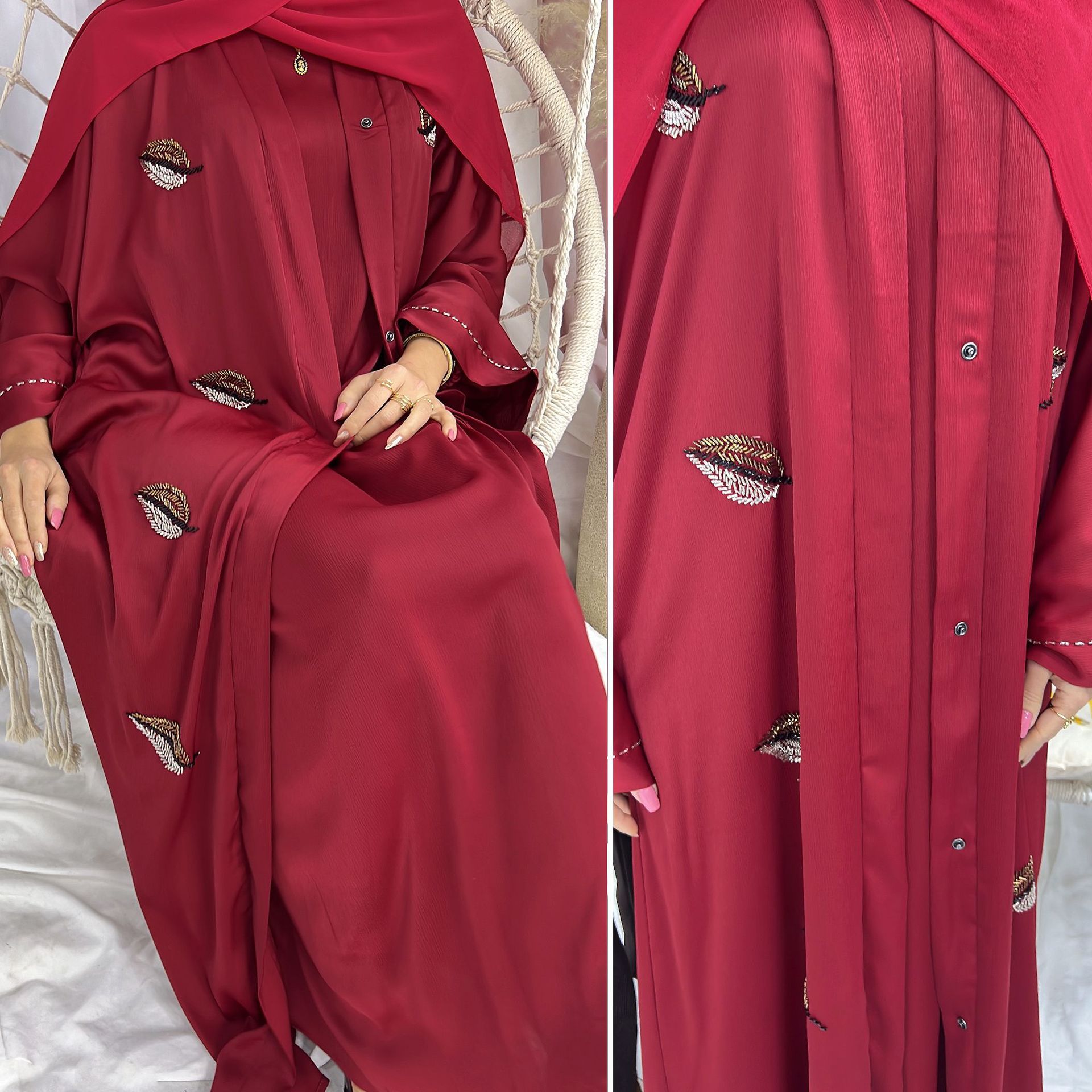Loriya AliExpress Dubai Primavera/Verano banquete vestido color sólido bordado cardigan robe LR583
