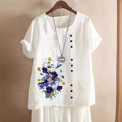 Летняя новая модель большого размера повседневная свободная хлопчатобумажная и льняная печать с короткими рукавами футболка ватная и льна женская одежда