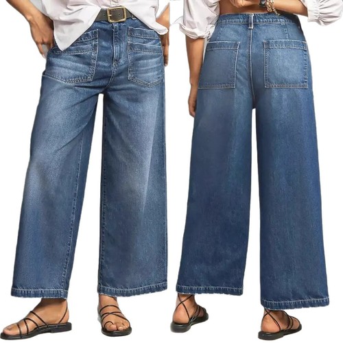 Elastic mid-rise wide-leg plus-size denim jeans, retro wash, frayed cuffs, diagonal pockets, nine-piece pants