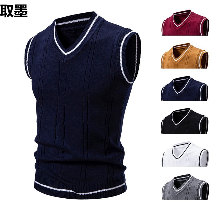 American Style Casual Autumn and Winter New Fashionable Simple V-neck Student Knitwear Vest Men's Slim-fit Striped Elegant Vest