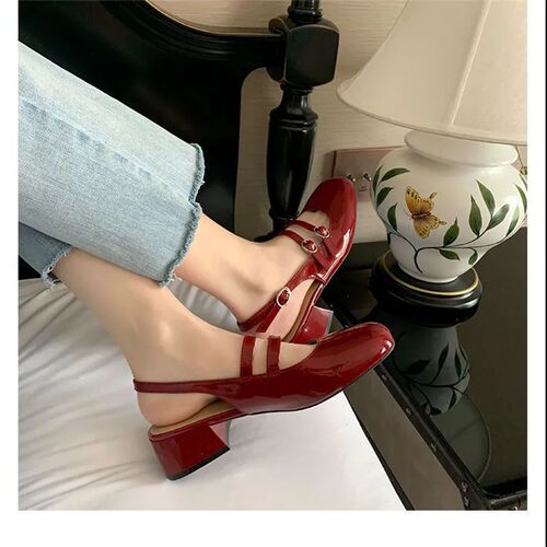 French Toe Sandals Women Summer  New Square Head Thick Heel Back Hollow Single Shoes Retro Double Button Mary Jane Sandals 