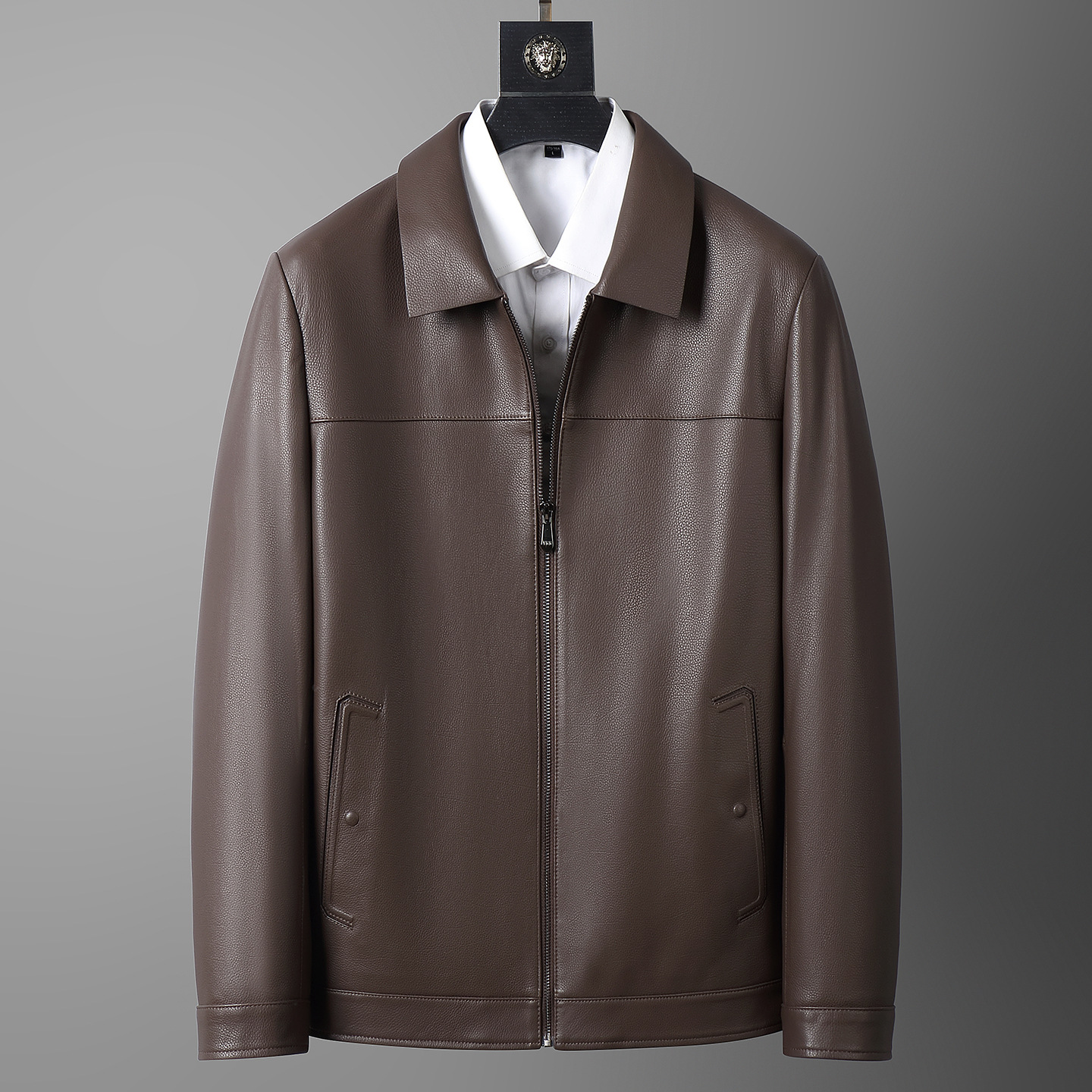 秋冬新款海宁男式皮衣头层牛皮真皮皮衣中老年翻领修身皮衣外套