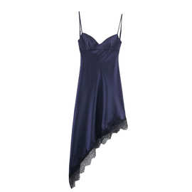 外贸2025欧美冬季新款气质丝缎质感蕾丝不对称连衣裙女9188332