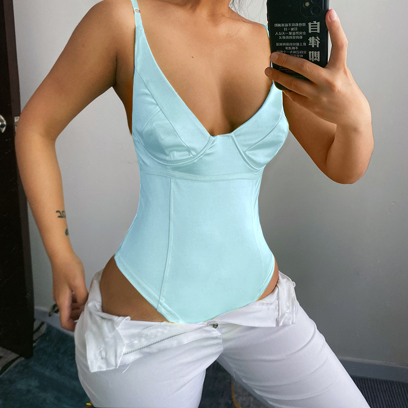 80168 nuevo color sólido camisola ropa de mujer Europa y América verano moda chica caliente sexy pecho-halagador mono mujeres