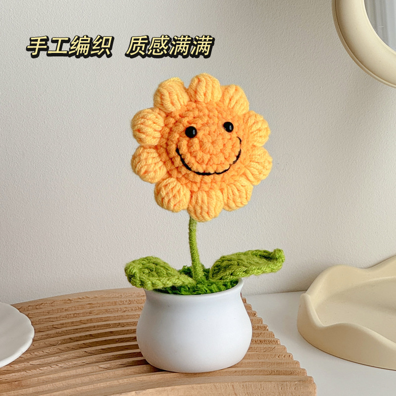 Regalos de día al por mayor girasoles para chicas, ramo de lana tejida a mano, adornos de mesa pequeños