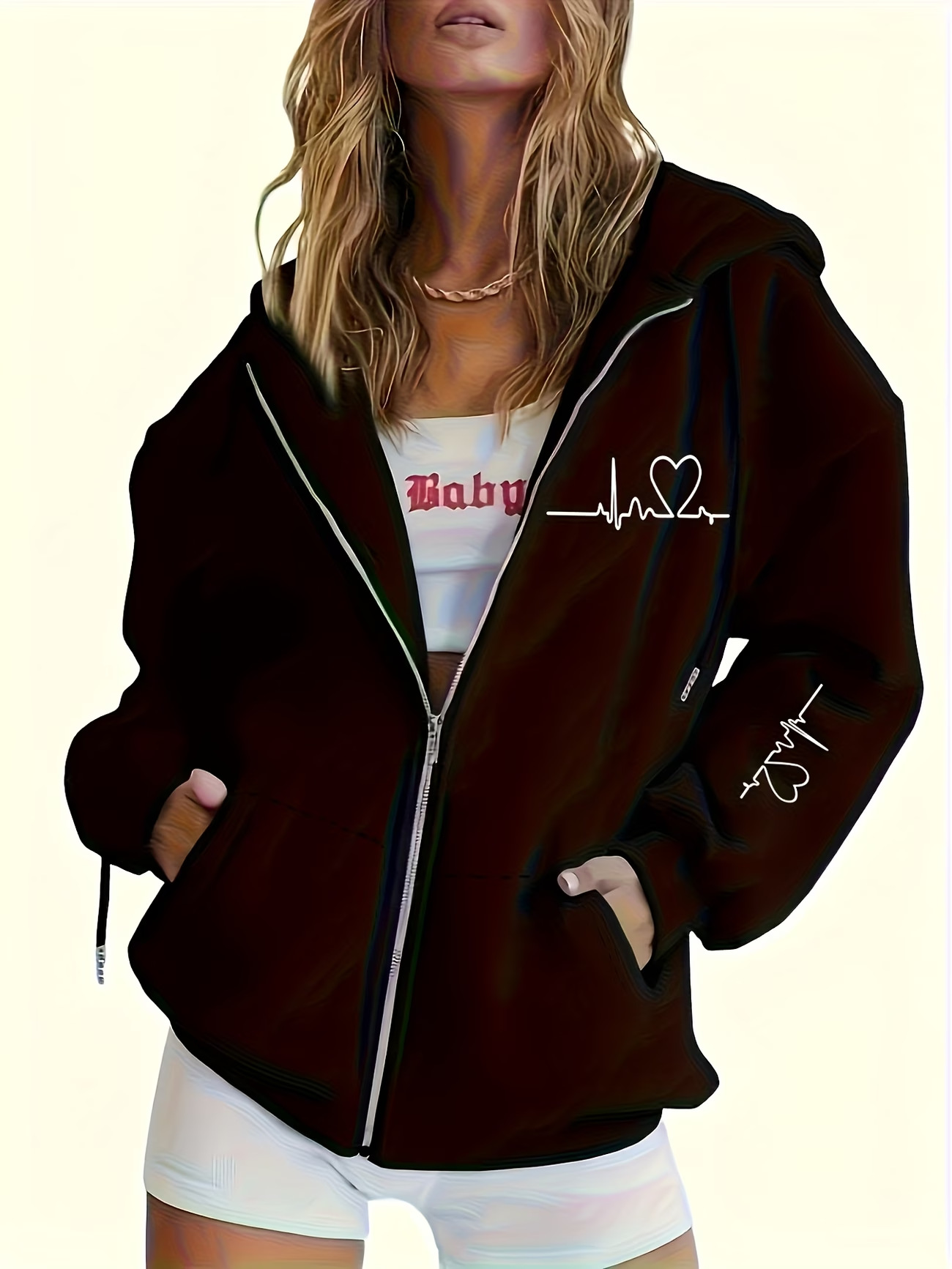 Women's Heart Print Loose Casual Hooded Sweatshirt Long Sleeved Zip Up Design European American Style Print_ecoleips.com
