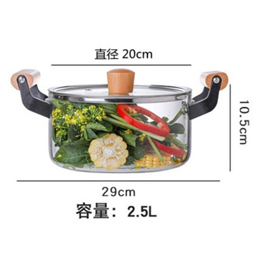 Transfronterizo de alta borosilicona de vidrio de silicio de aluminio de madera de mango de panela transparente con tapa de panela de leche casera de doble oreja de gran capacidad de panela de vidrio