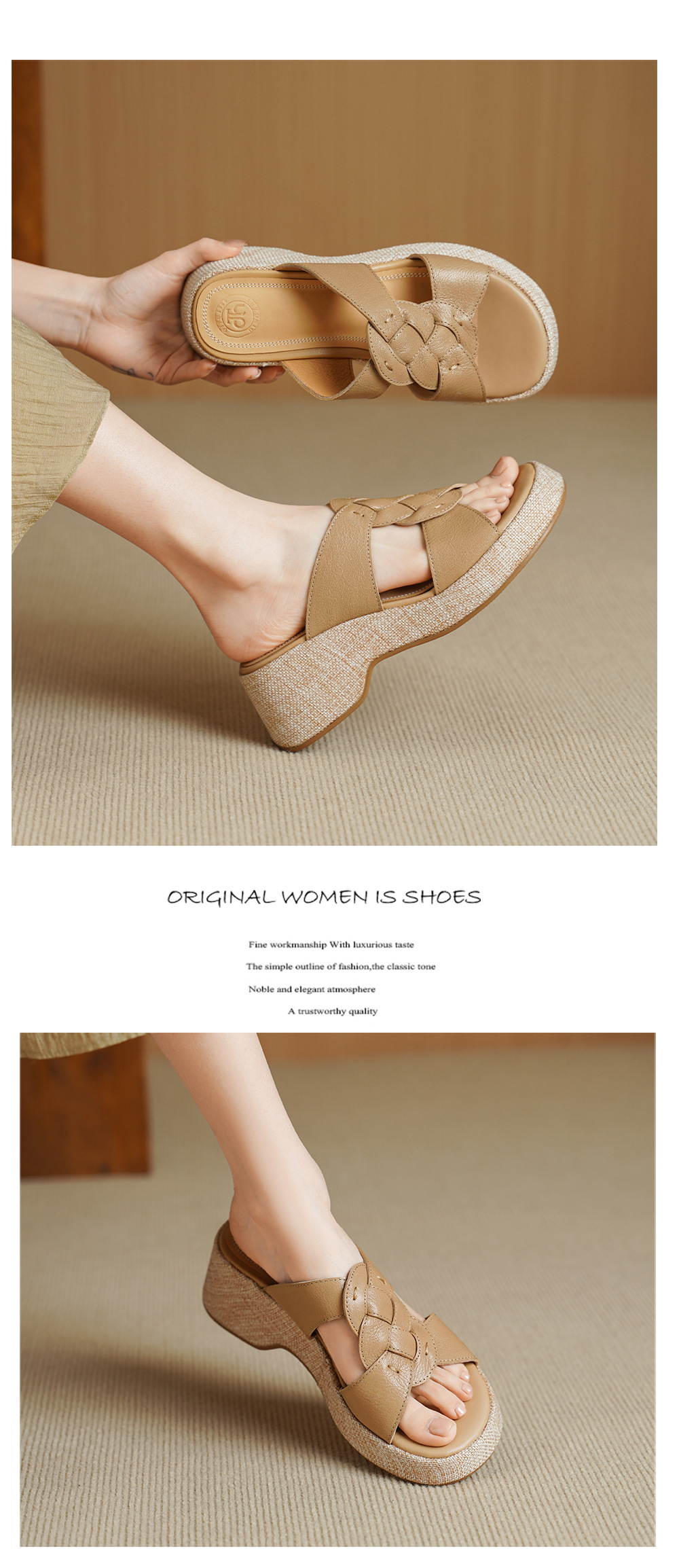 Sandal nữ da cừu gót xuồng hở mũi phong cách vintage — màu trắng ngà chi tiết 7