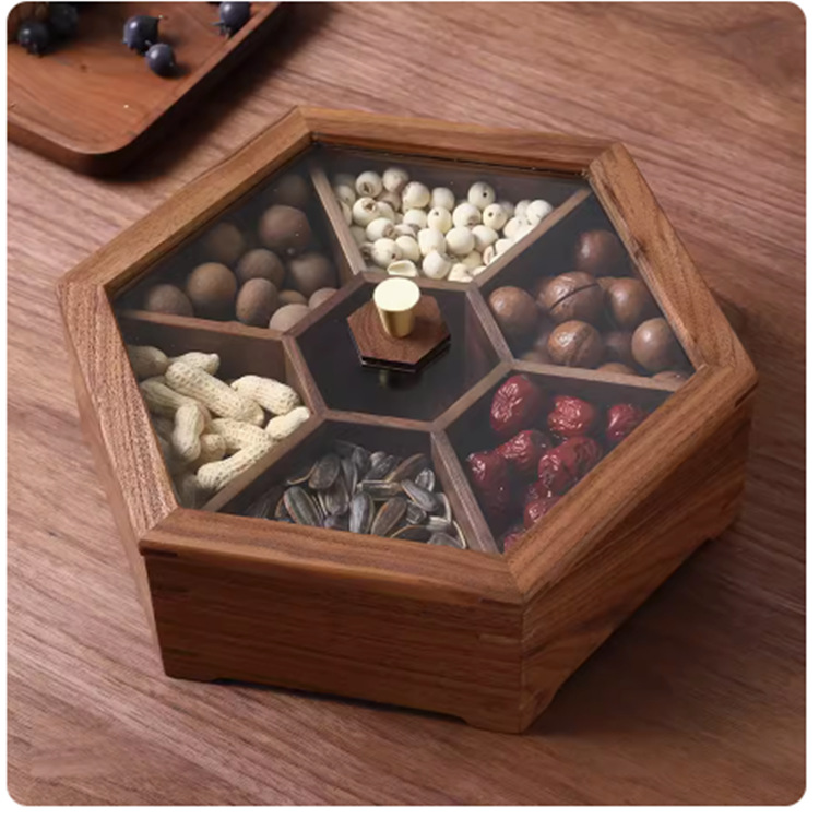 Placa de fruta seca hexagonal de nogal negro Placa de aperitivo atmosférica de alta gama sala de estar creativa rejilla Placa de tuerca hogar madera maciza