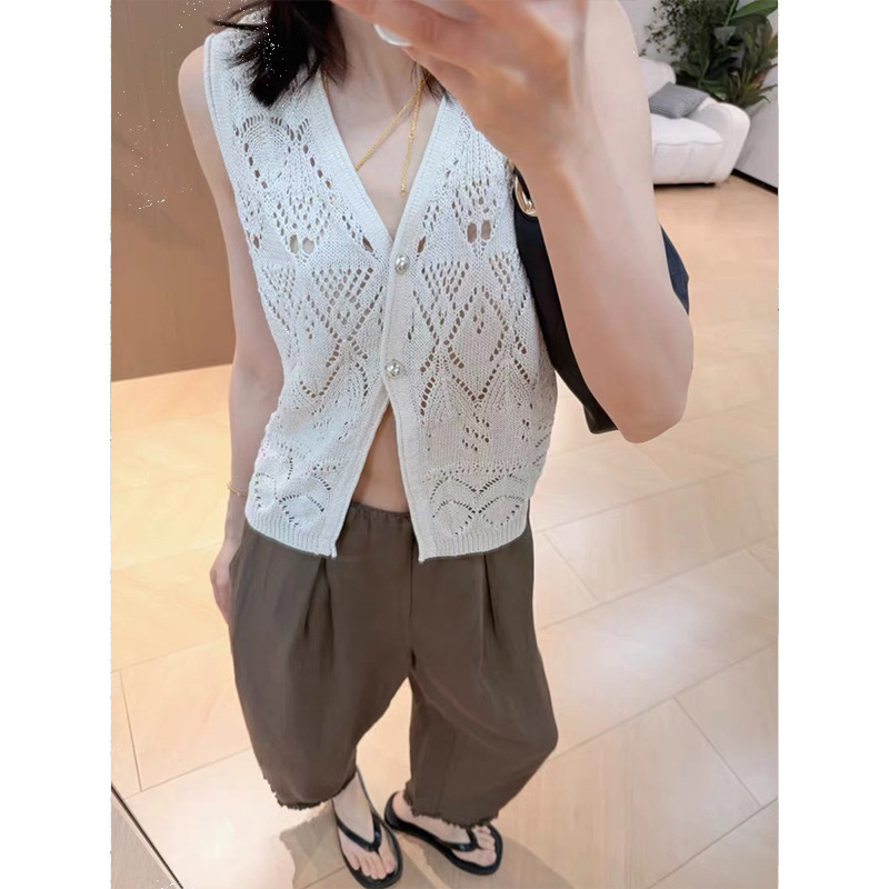 1Ro French-Style Crochet Hollow-Out Knit Vest Cardigan for Women, Summer Vacation Style, Sleeveless Loose Top 9630