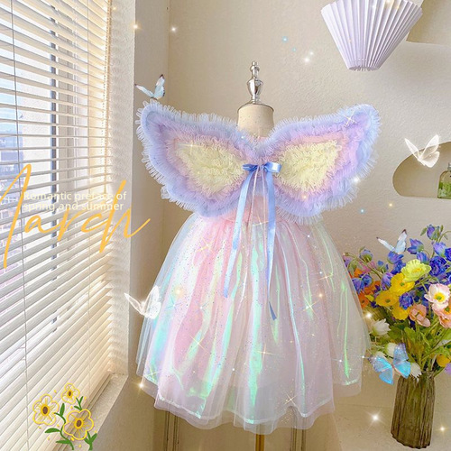 Summer Dress for Girls 2024 New Children's Trendy Rainbow Butterfly Wing Princess Dress Birthday Formal Wear