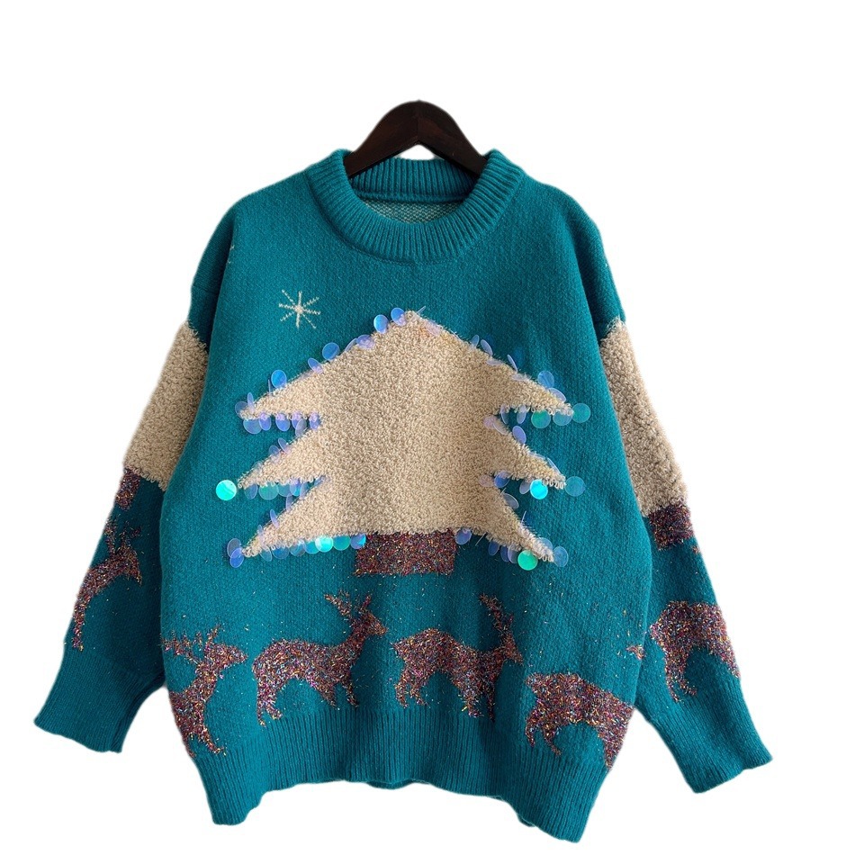 Women's Clothing Christmas Holiday Sweater Handmade Sequined Christmas Tree Deer Jacquard Thickened Pullover_voghion.com