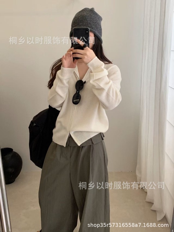 以时 25秋冬新款百分百全羊毛针织小开衫 森系连帽双头连外套 女|undefined