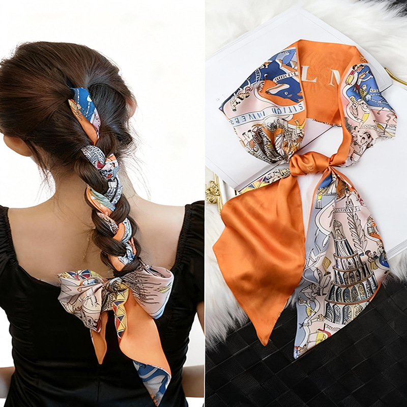 New Double-Sided Long Silk Scarf, Imitation Silk Neckerchief, Bag Tie, Headband, Belt, Scarf, Clothing Accessories