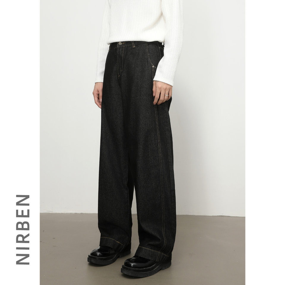 Quần jean nam denim đen dáng suông ống rộng kiểu banana lưng giữa, phong cách đường phố — Denim đen