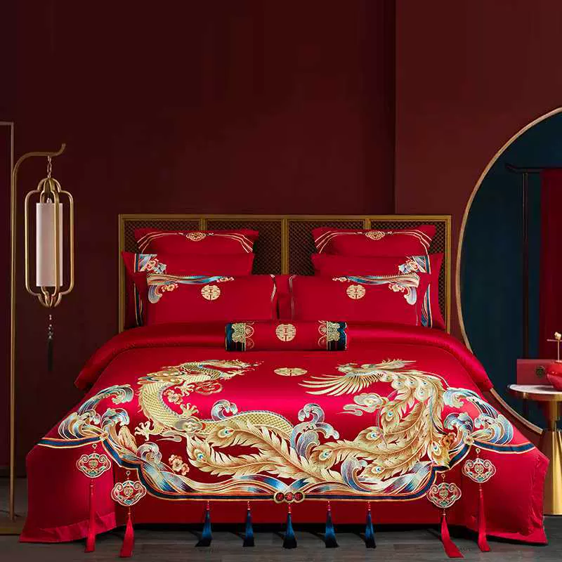 南通家纺床上2025新款100S贡缎长绒棉全工艺刺绣婚庆四件团购批发