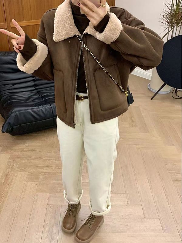 秋冬加绒加厚麂皮毛一体羊羔毛外套高中生女生翻领老钱风夹克干部|undefined
