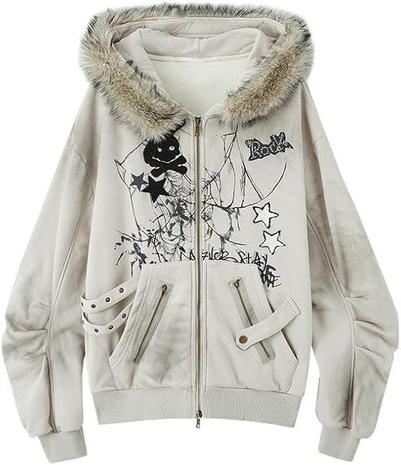 Autumn Winter Season American Street Style Fur Collar Rabbit Ear Zipper Hooded Sweatshirt Jacket Y2K Print Women's Top_voghion.com