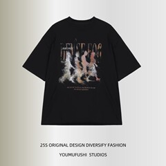 2025 新アメリカンレトロキャラクター黒半袖 Tシャツメンズ夏のカップルルーズカジュアルラウンドネックオフショルダートレンディな t