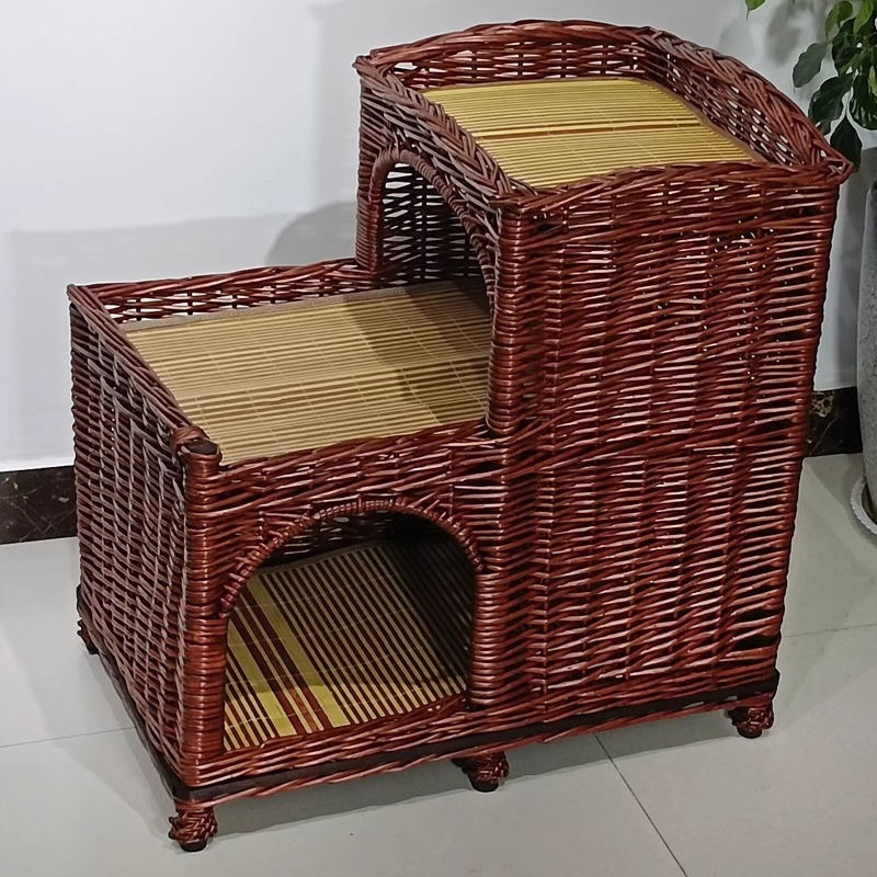 Casa de verano universal de cuatro estaciones de ratana trapezoidal tejida felina de cachorro tejida de sauce de doble capa desmontable y lavable para mascotas
