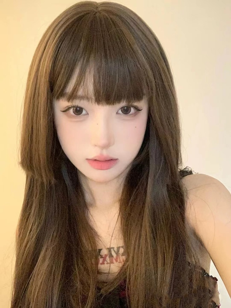 Xingcheng Wig Female Princess Cut Cold Brown Long Hair Summer Natural Simulation Sweet Aji Hair Long Straight Hair Full Head Cover