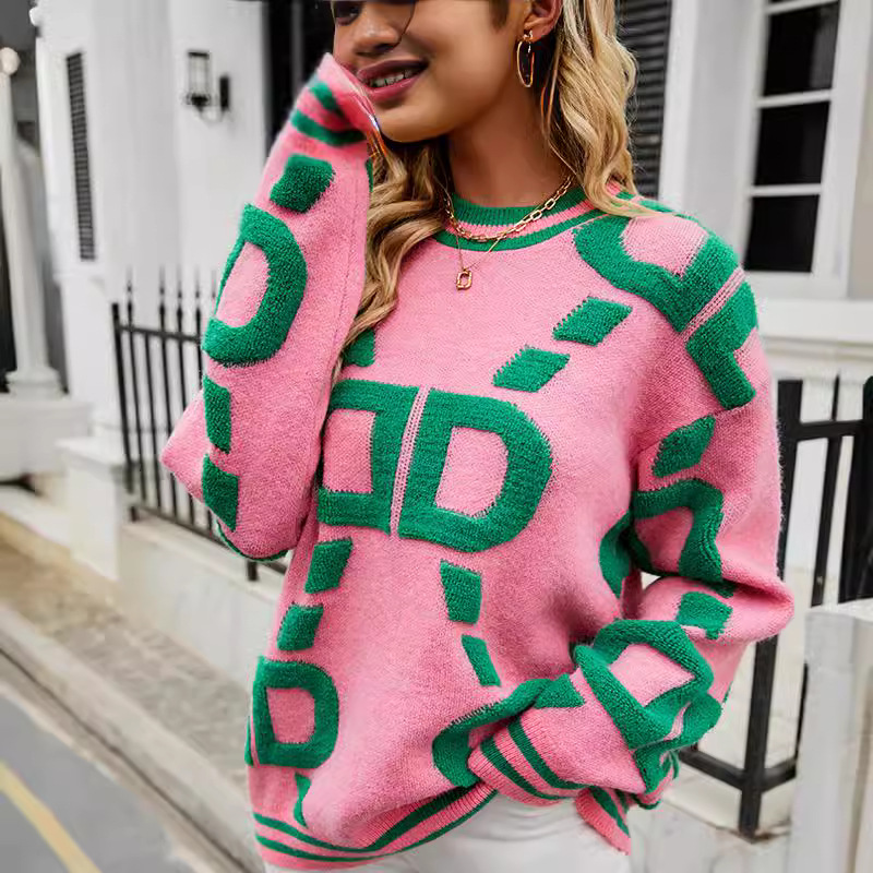 Skræddersyet forarbejdning udenrigshandel Europæisk og amerikansk ny efterår og vinter grænseoverskridende håndklæde sweater med bogstaver til kvinder