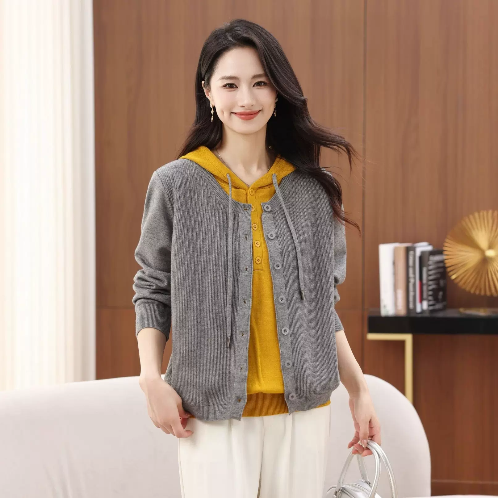 2025秋冬新款大码安迪绒连帽撞色拼接假两件显瘦遮肉针织衫上衣女