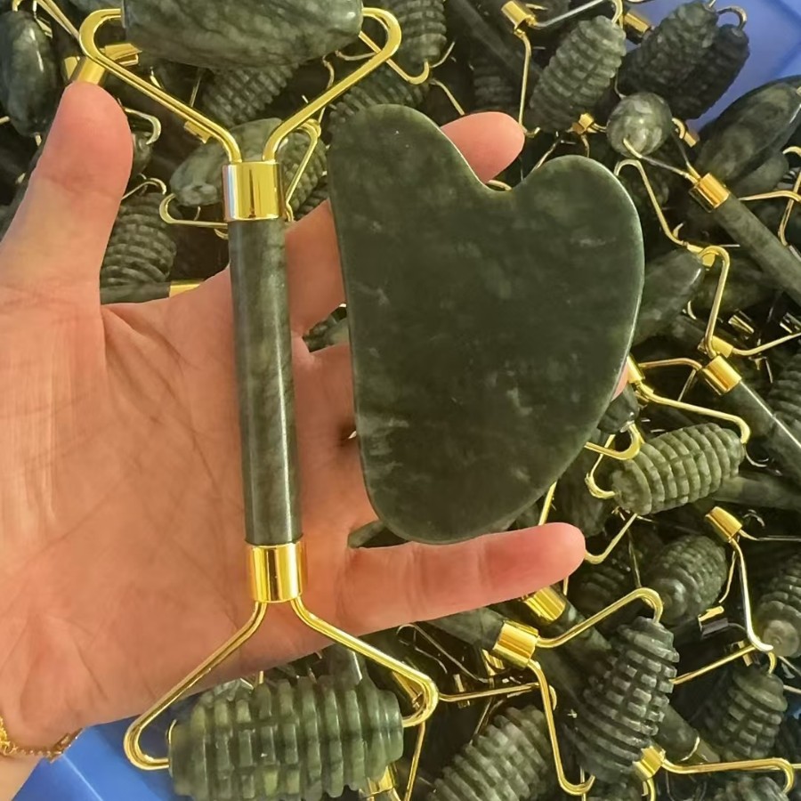 천연 그린 피닉스 제이드(Xiu Jade) 제이드 롤러 + 스크래핑 보드