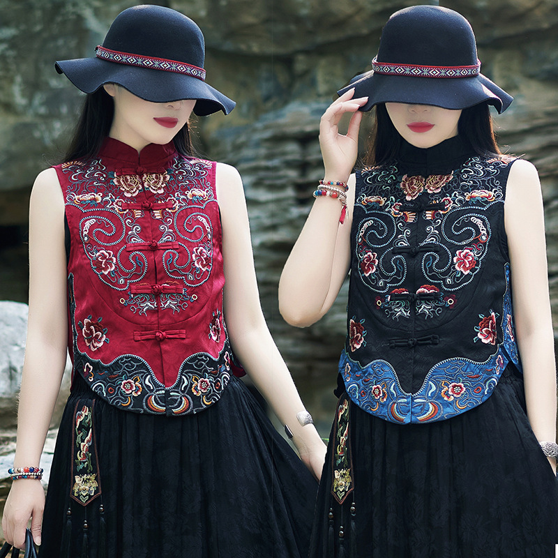 Summer Thin Vest Women's Ethnic-style Embroidered Vest Short Lightweight and Breathable Chinese-style plus size Top with Vertical Collar for Women