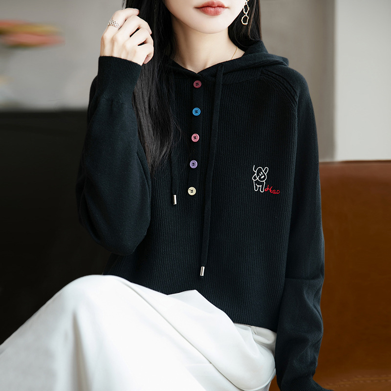 拉夏贝尔早秋连帽卫衣针织打底衫女春秋内搭上衣洋气大码女装毛衣