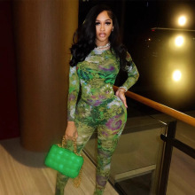 跨境印花拼色休闲网纱裤套装个性潮流女装上衣性感修身显瘦长裤